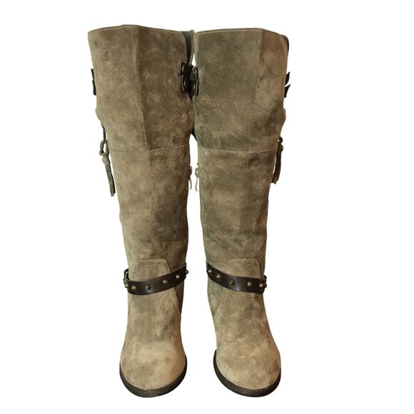 VERY VOLITILE Tan Suede Knee High Boots Womens 7 Side Zip Straps - Picture 2 of 14